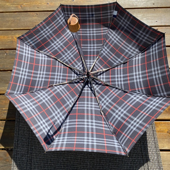Mens BURBERRY Black/Grey/Red Check Full-size COMPACT Umbrella🔥Vintage/Like NEW! - Picture 14 of 17